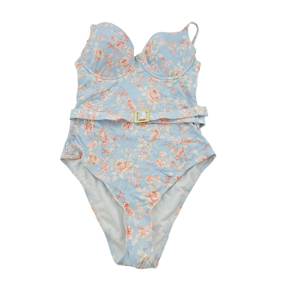 We Wore What Light Blue & Peach Floral Print Danielle Belted Swimsuit Size Small